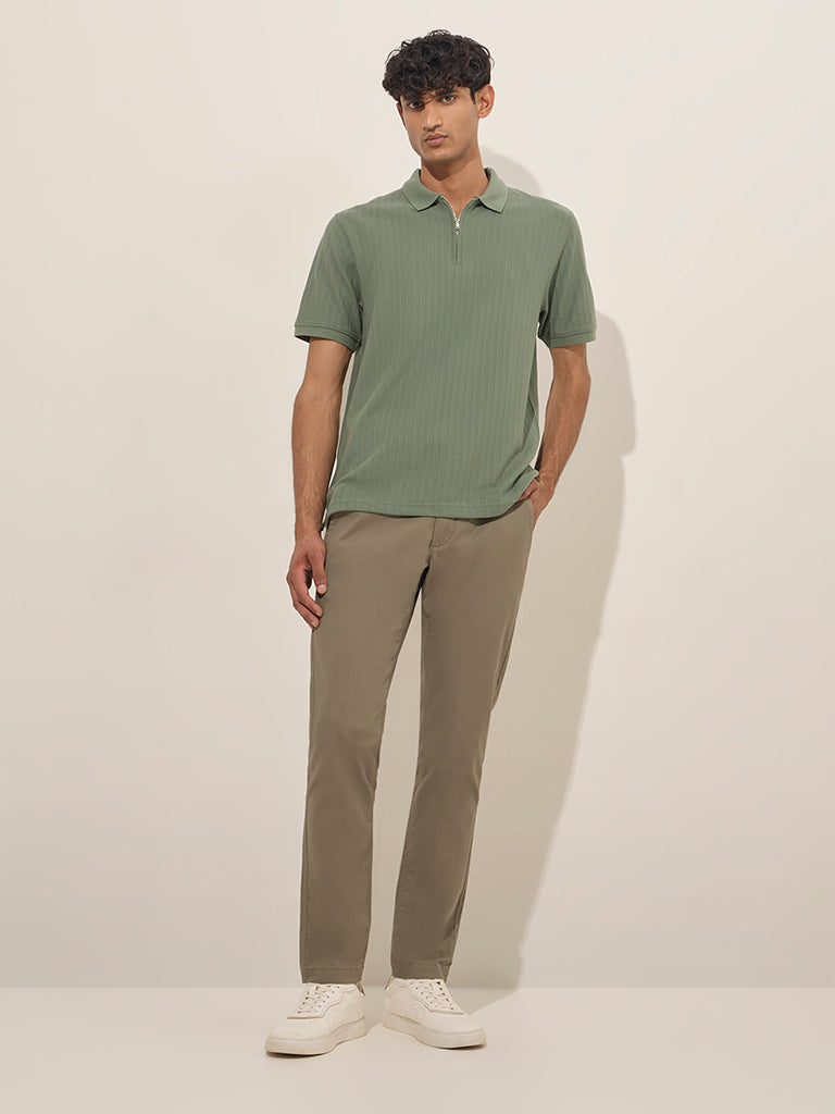 WES Casuals Dark Sage Quarter Zip Cotton-Blend Polo T-Shirt