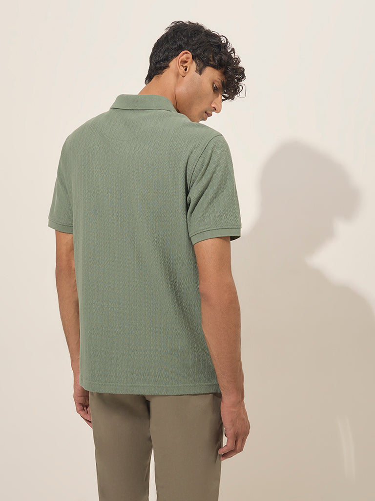 WES Casuals Dark Sage Quarter Zip Cotton-Blend Polo T-Shirt