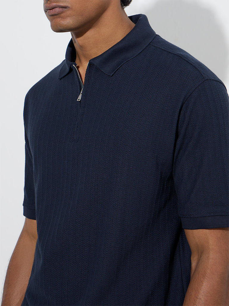 WES Casuals Navy Self Quarter Zip Cotton-Blend Polo T-Shirt