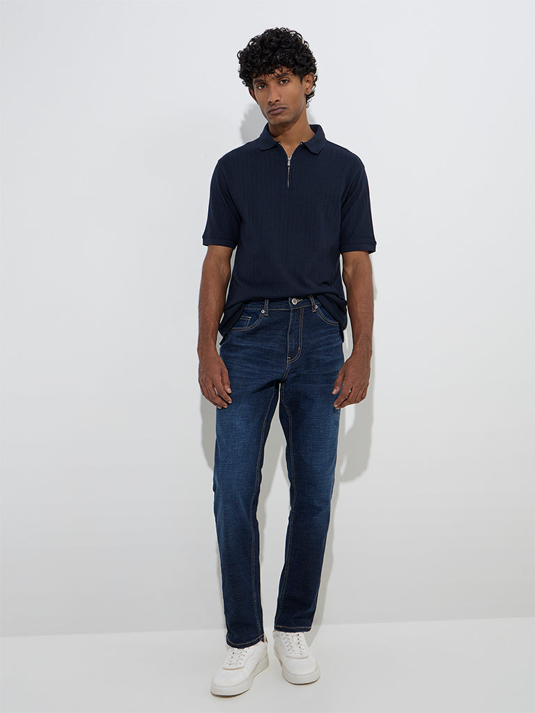 WES Casuals Navy Self Quarter Zip Cotton-Blend Polo T-Shirt