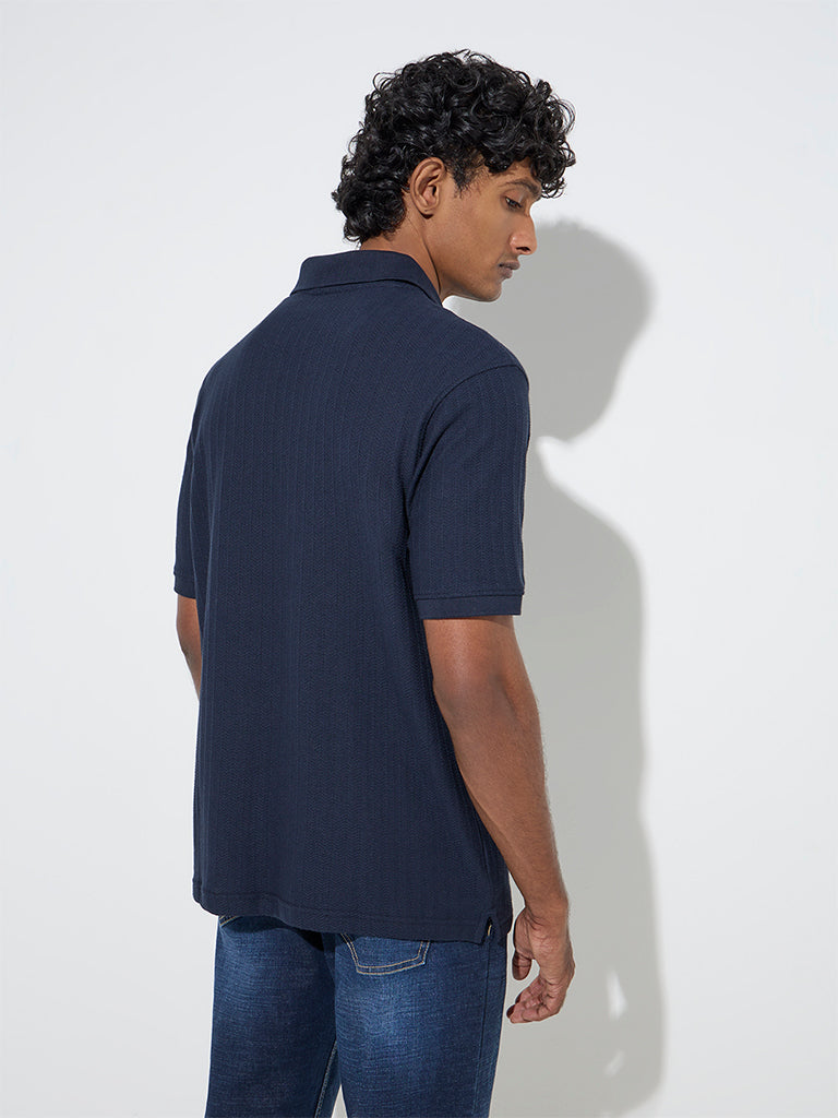 Westside WES Casuals Men's Navy Self Quarter Zip Cotton-Blend Polo T-Shirt for Casual Wear Back View