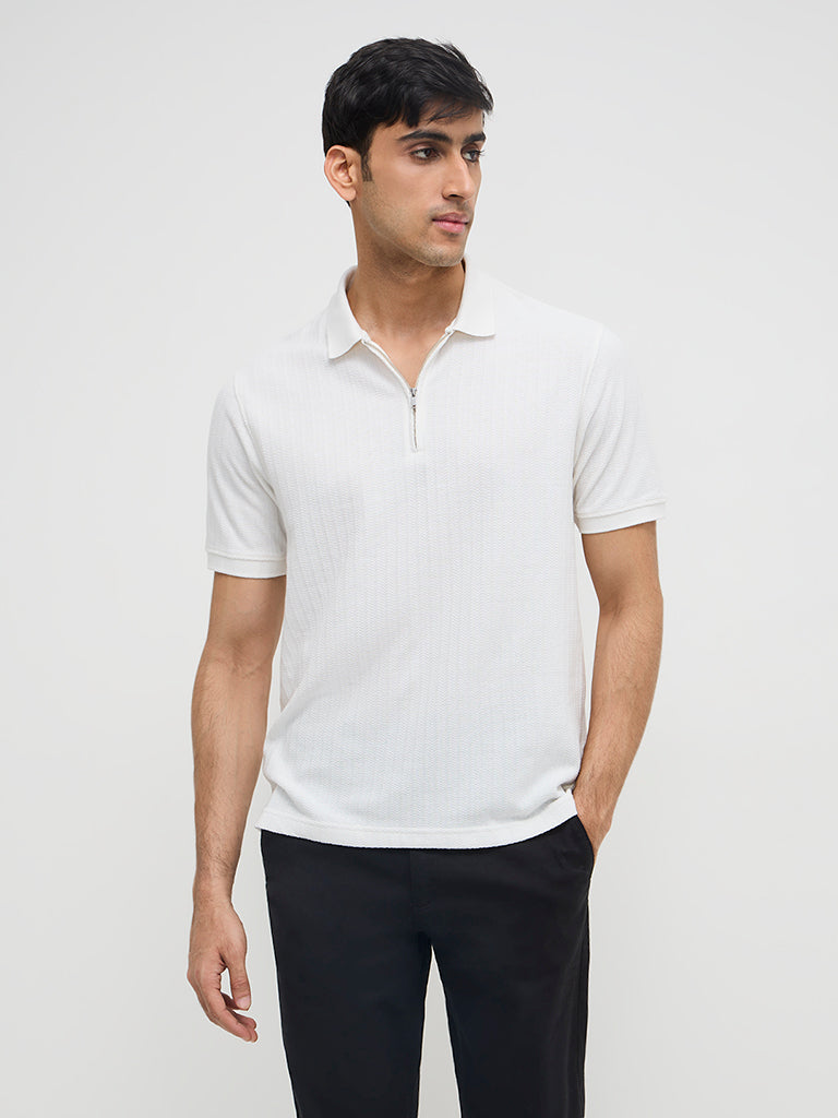 WES Casuals White Quarter Zip Cotton-Blend Polo T-Shirt