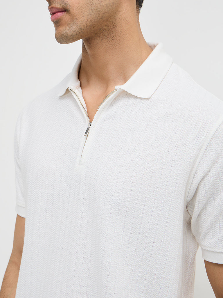 WES Casuals White Quarter Zip Cotton-Blend Polo T-Shirt
