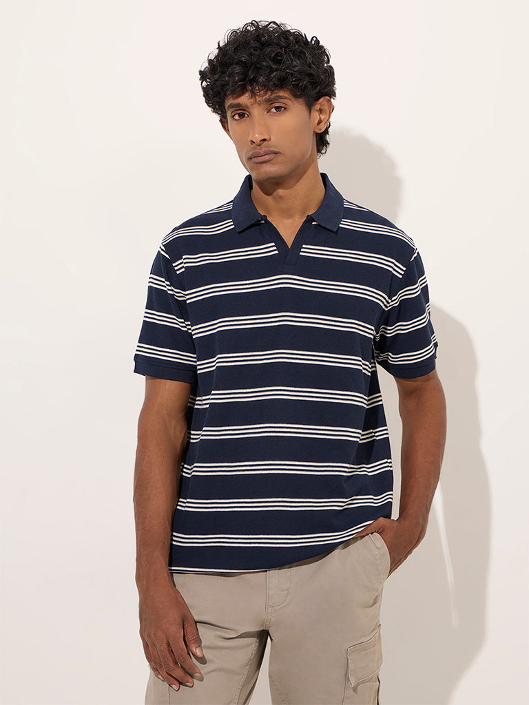Buy WES Casuals Navy Striped Relaxed-Fit Polo T-Shirt from Westside