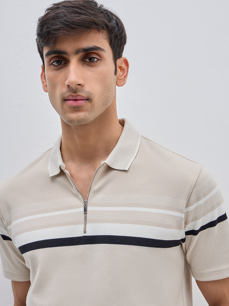 WES Casuals Beige Quarter Zip Cotton-Blend Polo T-Shirt