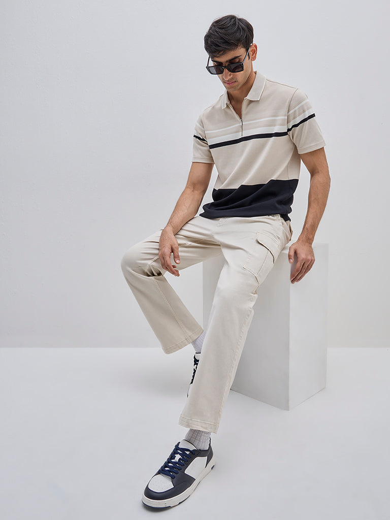 WES Casuals Beige Quarter Zip Cotton-Blend Polo T-Shirt