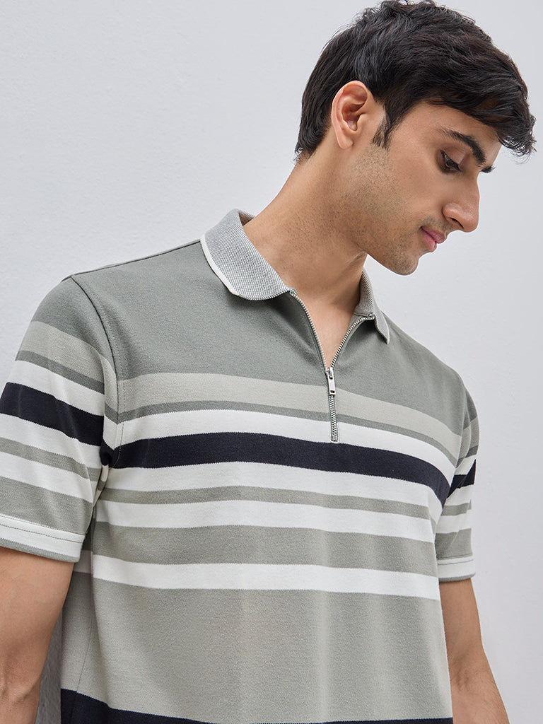 WES Casuals Sage Colour-Blocked Quarter Zip Cotton-Blend Polo T-Shirt