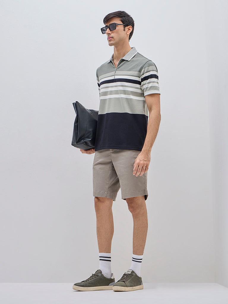 WES Casuals Sage Colour-Blocked Quarter Zip Cotton-Blend Polo T-Shirt
