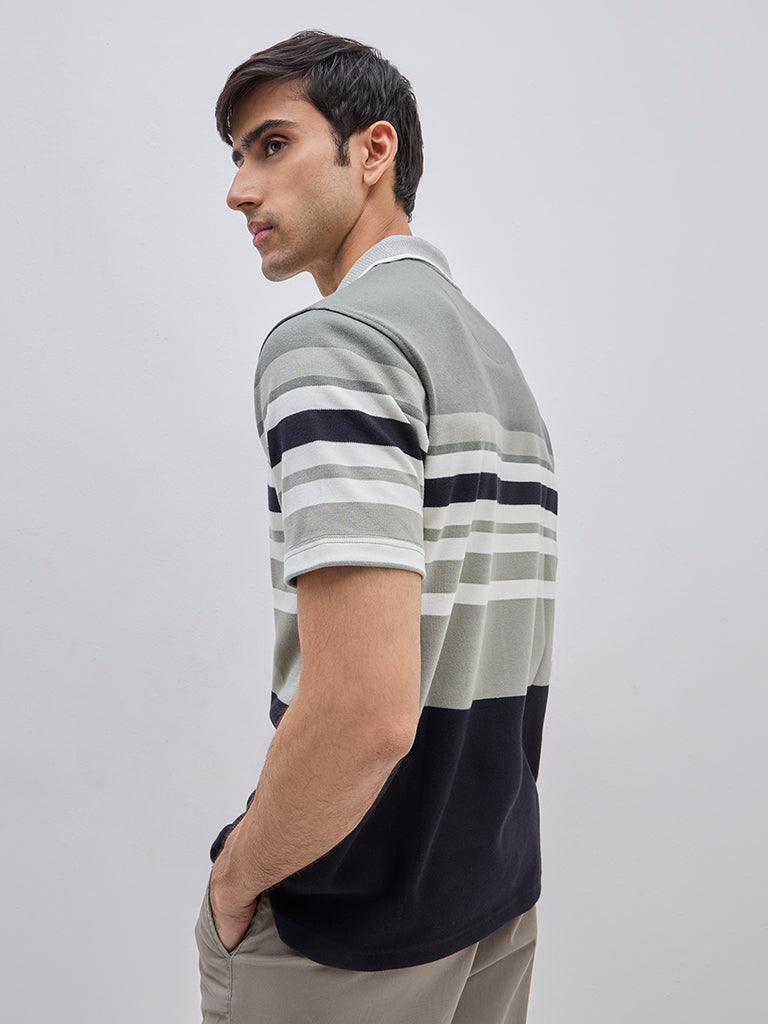 WES Casuals Sage Colour-Blocked Quarter Zip Cotton-Blend Polo T-Shirt