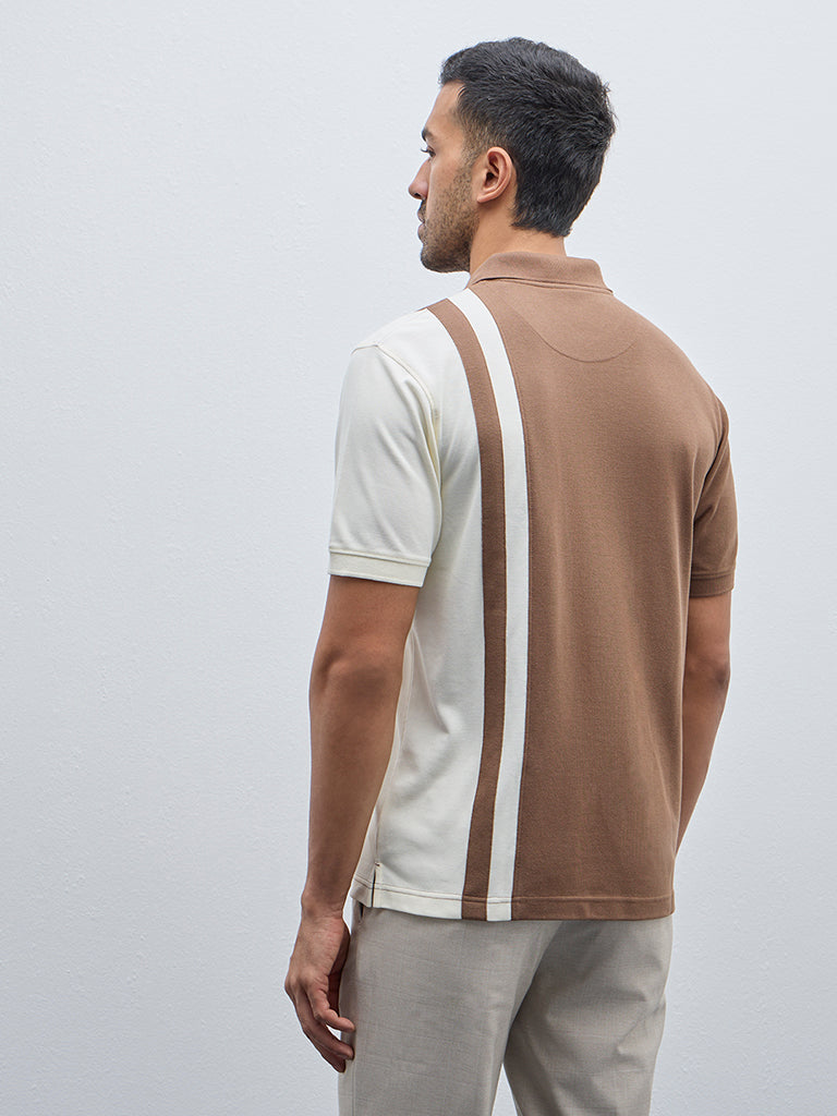 Westside WES Casuals Men's Brown Colour-Blocked Quarter Zip Cotton-Blend T-Shirt for Casual Wear Back View