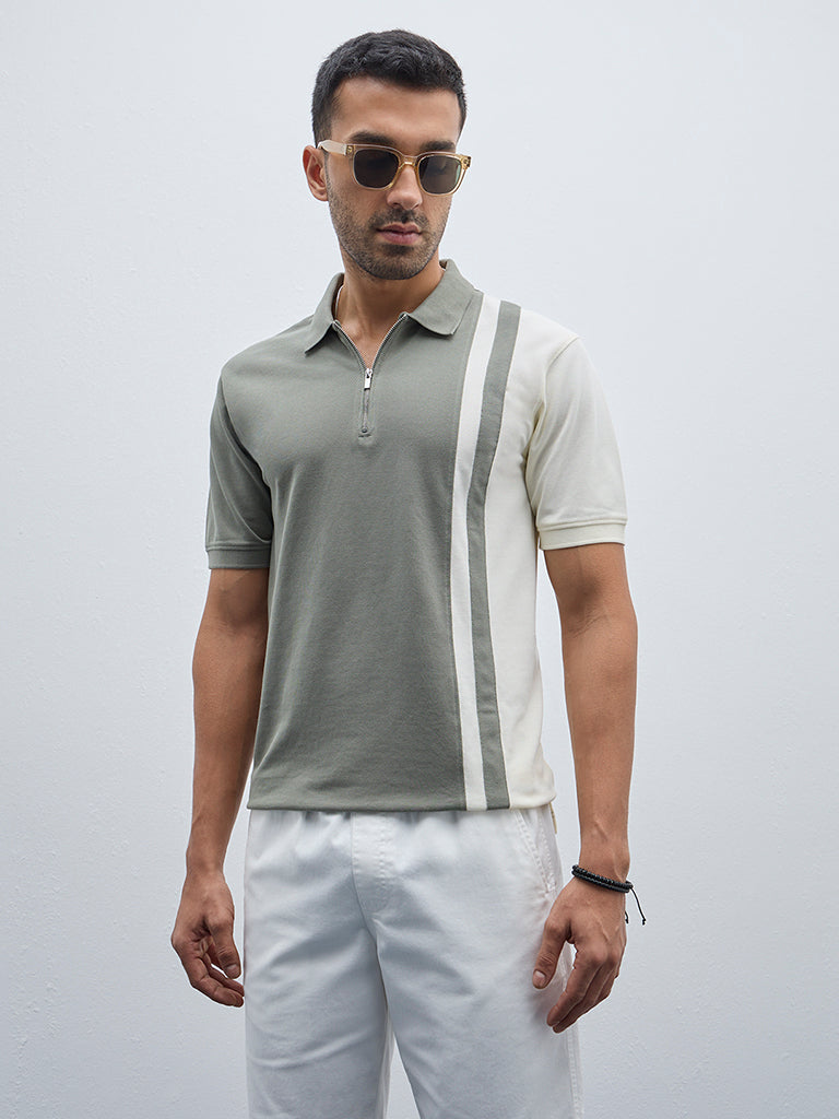 WES Casuals Sage Colour-Blocked Quarter Zip Cotton-Blend T-Shirt