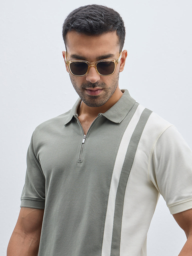 WES Casuals Sage Colour-Blocked Quarter Zip Cotton-Blend T-Shirt