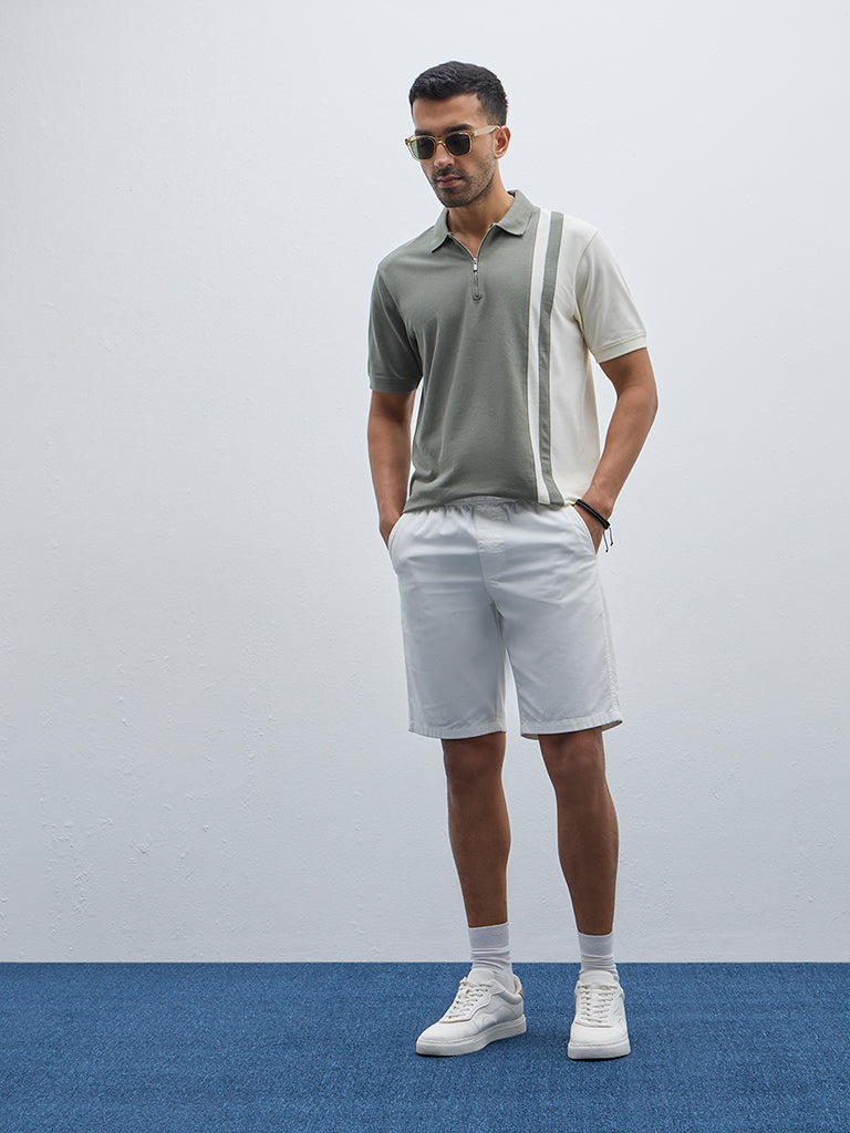 WES Casuals Sage Colour-Blocked Quarter Zip Cotton-Blend T-Shirt