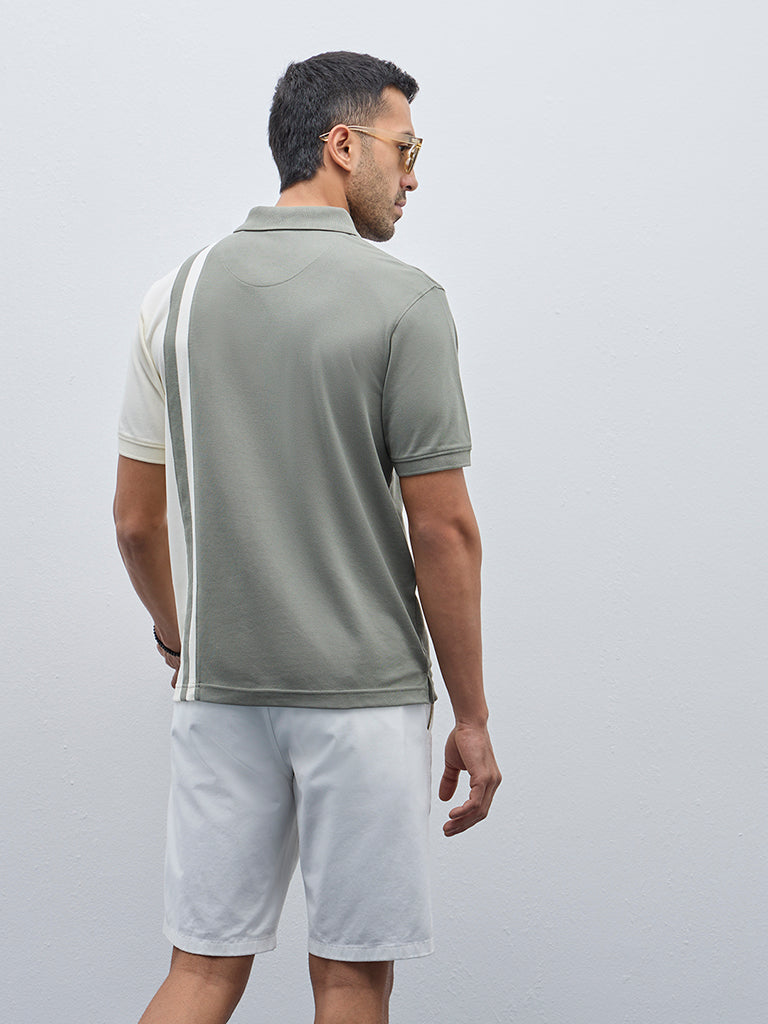 Westside WES Casuals Men's Sage Colour-Blocked Quarter Zip Cotton-Blend T-Shirt for Casual Wear Back View