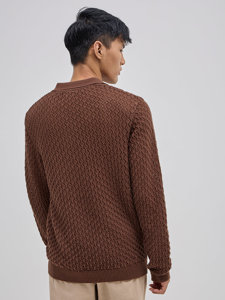 Westside ETA Men's Brown Knit-Textured Relaxed-Fit Cotton-Blend T-Shirt for Casual Wear Back View