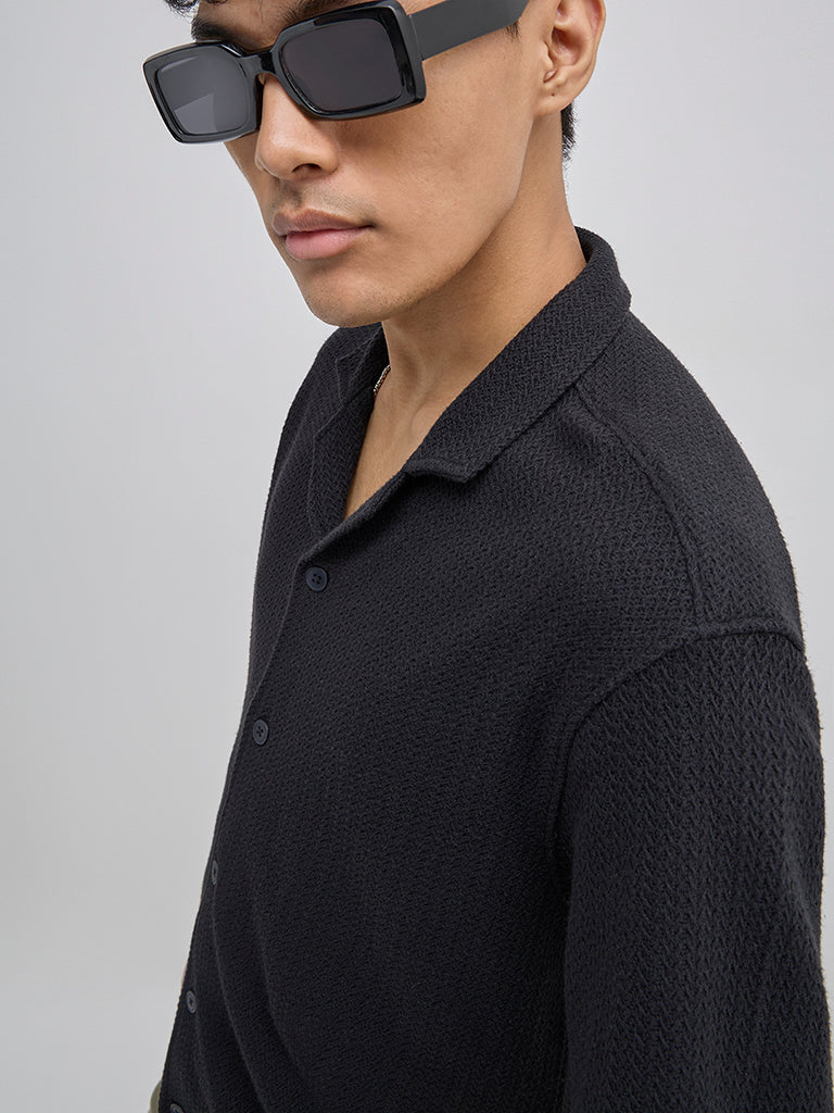 ETA Black Knitted Relaxed-Fit Cotton-Blend Shirt