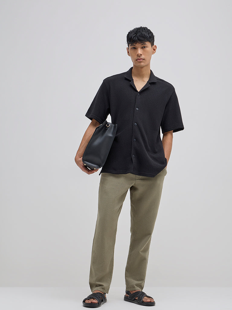 ETA Black Knitted Relaxed-Fit Cotton-Blend Shirt