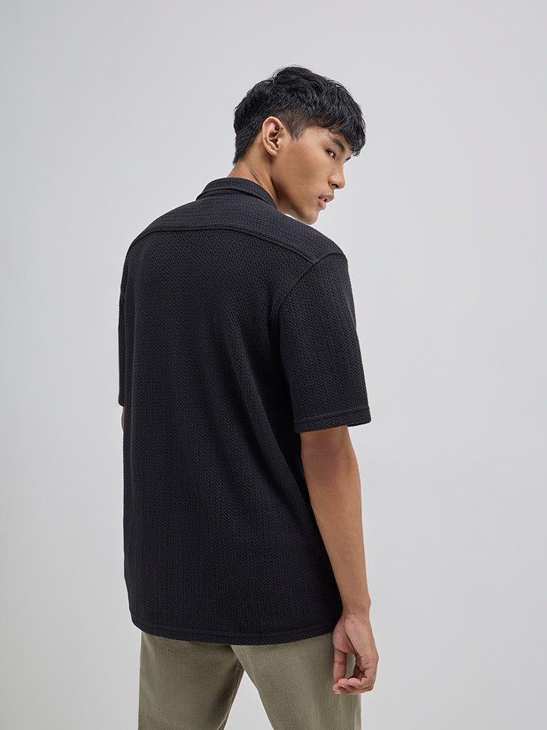 ETA Black Knitted Relaxed-Fit Cotton-Blend Shirt