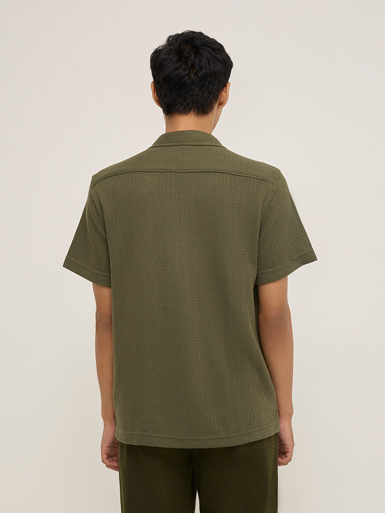 Westside ETA Men's Olive Knitted Relaxed-Fit Cotton-Blend Shirt for Casual Wear Back View