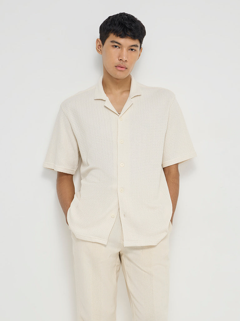 Westside ETA Men's Off-White Knitted Relaxed-Fit Cotton Shirt for Casual Wear Front View