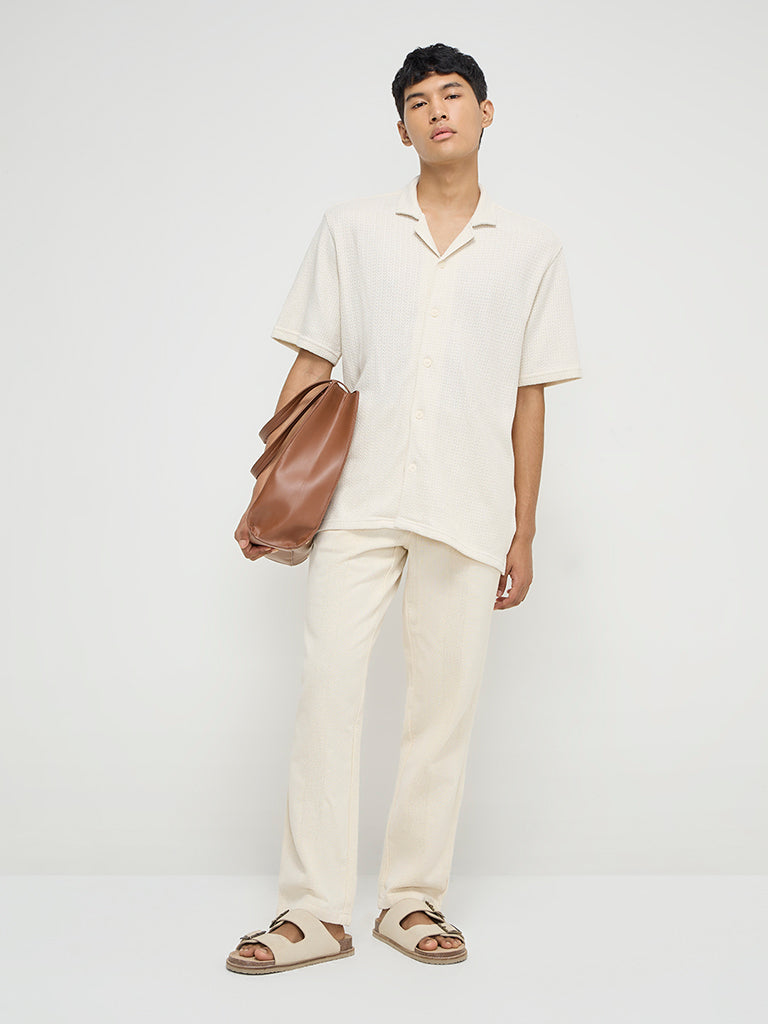 Westside ETA Men's Off-White Knitted Relaxed-Fit Cotton Shirt for Casual Wear Full View