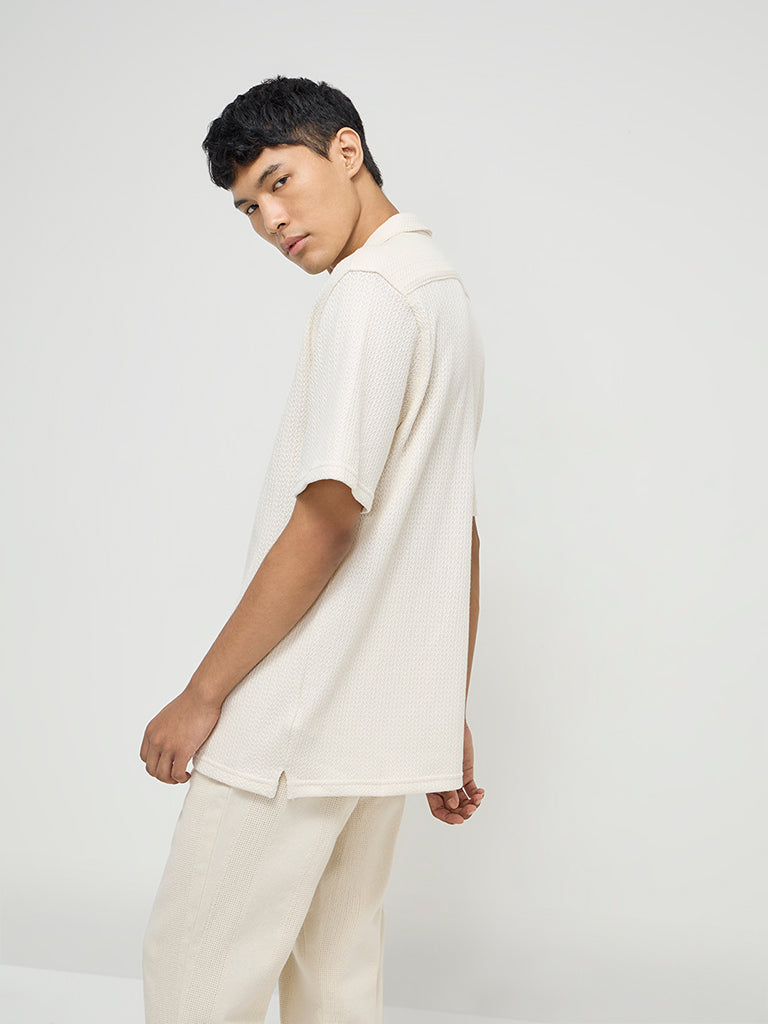 Westside ETA Men's Off-White Knitted Relaxed-Fit Cotton Shirt for Casual Wear Back View