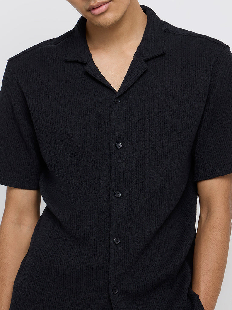 ETA Black Ribbed Relaxed Fit Cotton-Blend Shirt