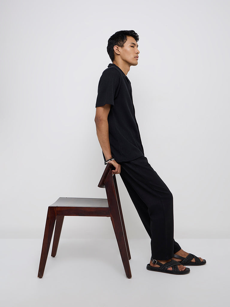 ETA Black Ribbed Relaxed Fit Cotton-Blend Shirt