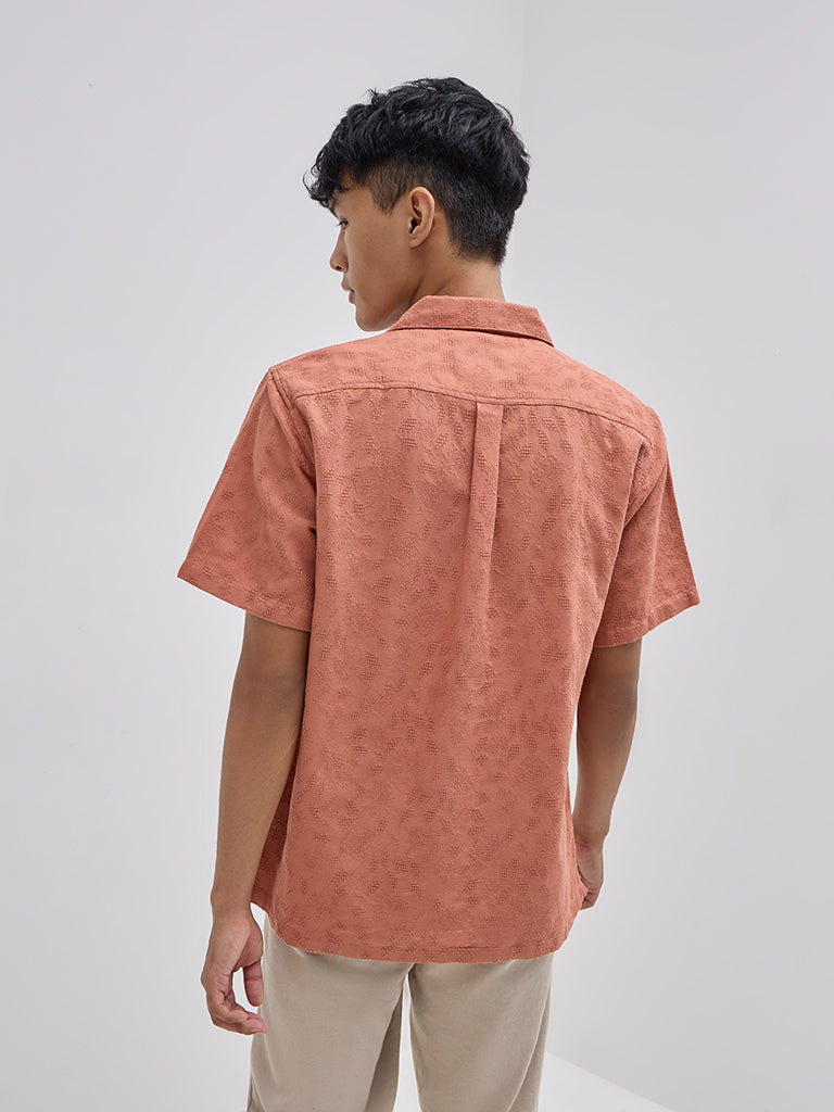 Westside ETA Men's Rust Floral Design Relaxed-Fit Cotton Shirt for Casual Wear Back View