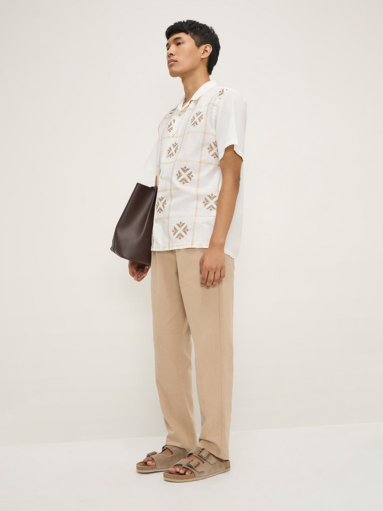 Westside ETA Men's Off-White Embroidered Relaxed-Fit Cotton-Blend Shirt for Casual Wear Full View