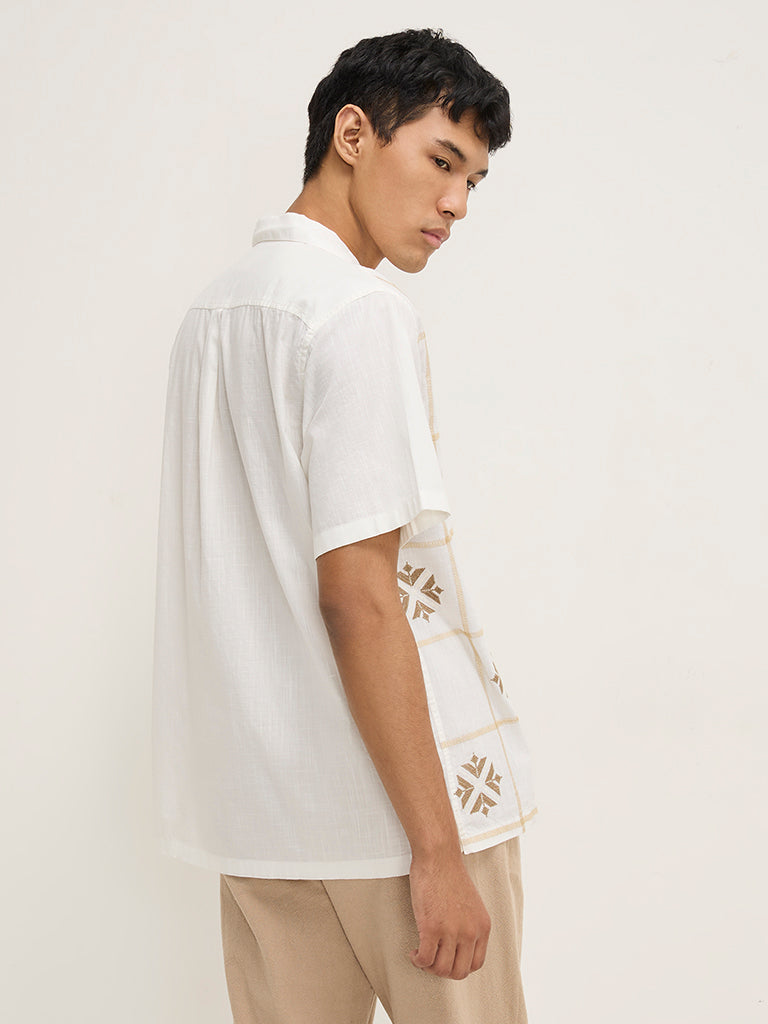 Westside ETA Men's Off-White Embroidered Relaxed-Fit Cotton-Blend Shirt for Casual Wear Back View