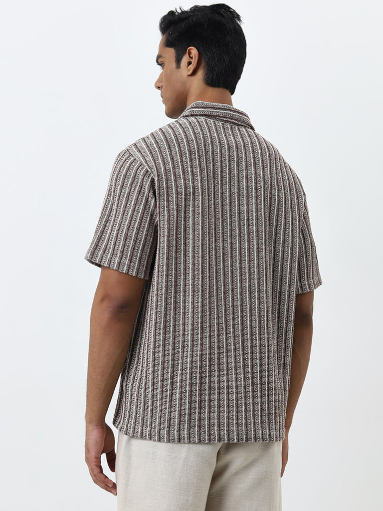 Westside ETA Men's Brown Stripe Patterned Relaxed-Fit Cotton Polo T-Shirt for Casual Wear Back View