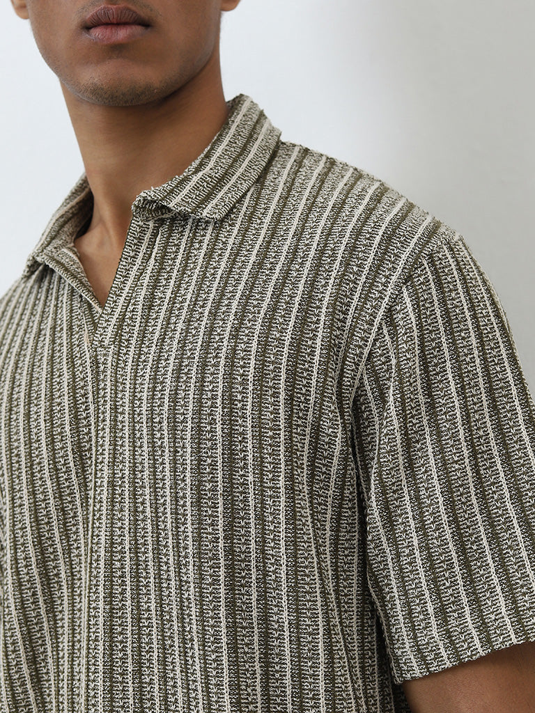ETA Olive Striped Relaxed-Fit Cotton Polo T-Shirt