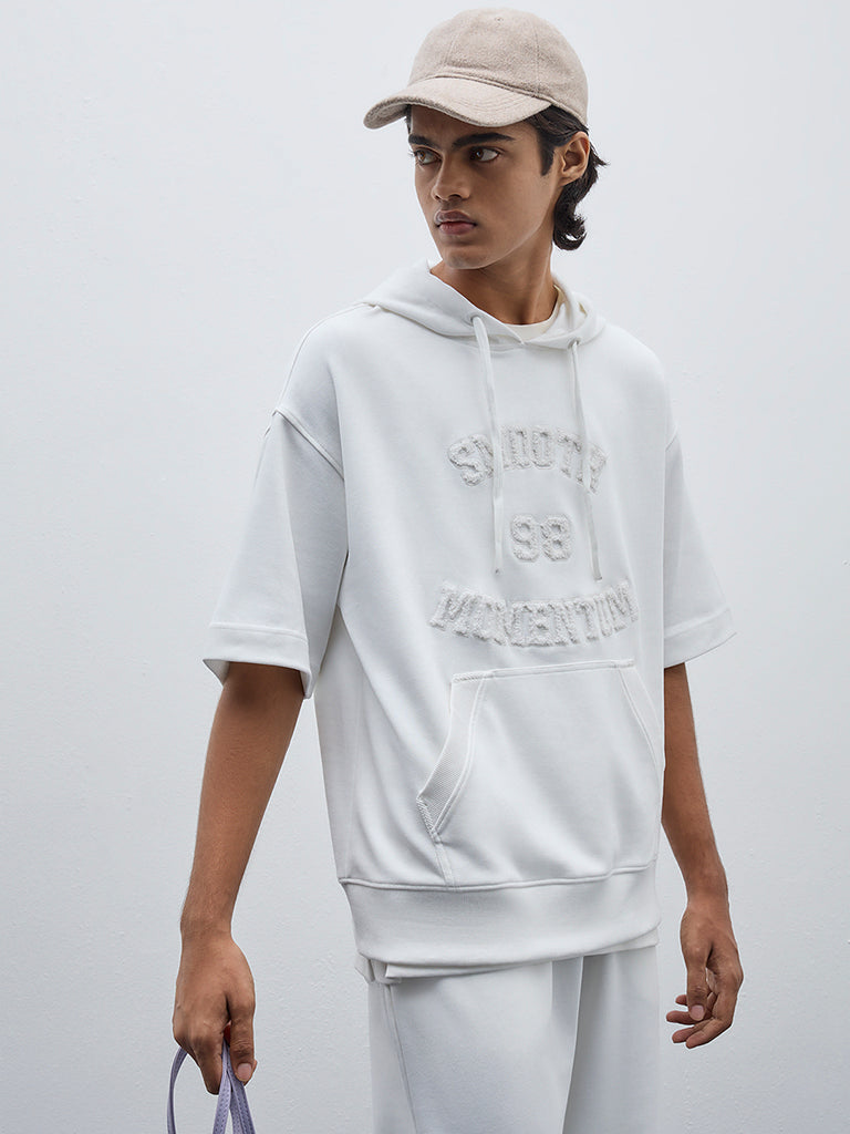 Buy Studiofit Off-White Text Design Relaxed-Fit Cotton Hoodie from