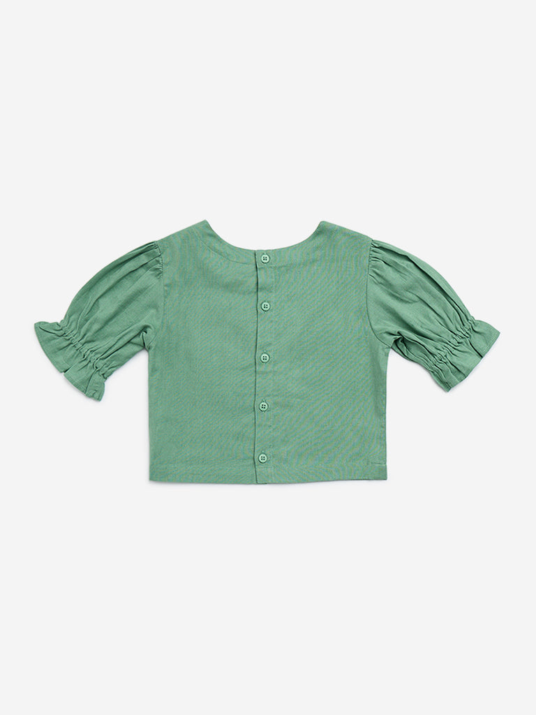 Utsa Kids Green Floral Embroidered Cotton-Blend Top - (2 - 8 yrs)