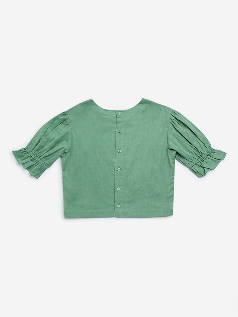 Utsa Kids Green Floral Embroidered Cotton-Blend Top - ( 8 - 14yrs)