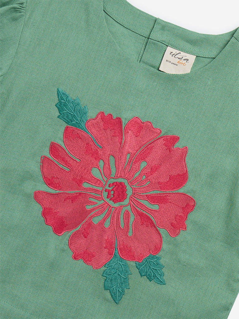 Utsa Kids Green Floral Embroidered Cotton-Blend Top - ( 8 - 14yrs)