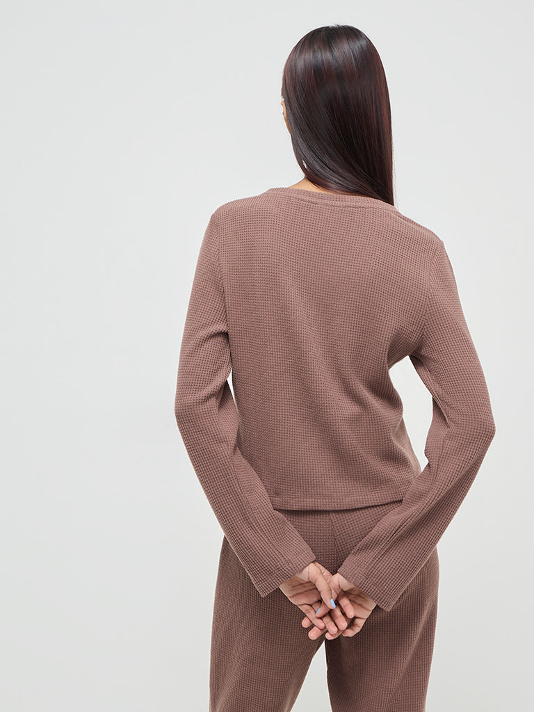 Superstar Brown Waffle-Textured Henley Top