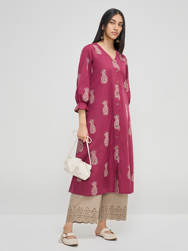 Utsa Magenta Fruit Design A-Line Cotton-Blend Kurta