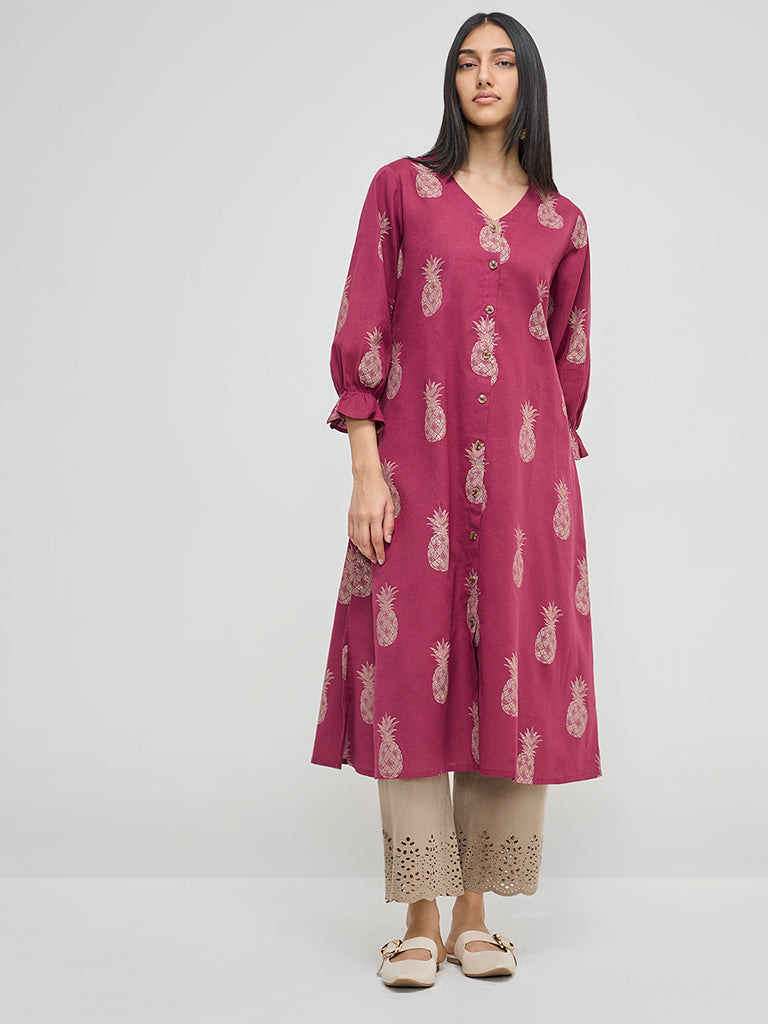 Utsa Magenta Fruit Design A-Line Cotton-Blend Kurta