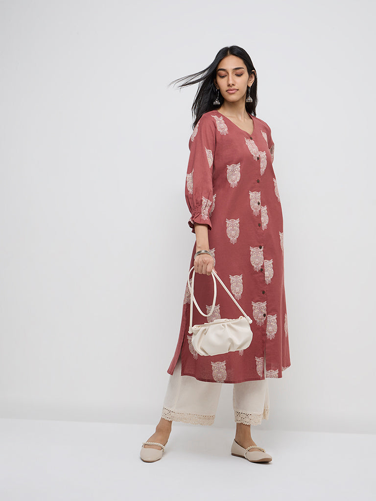 Utsa Dusty Rose Bird Printed Cotton-Blend A-Line Kurta