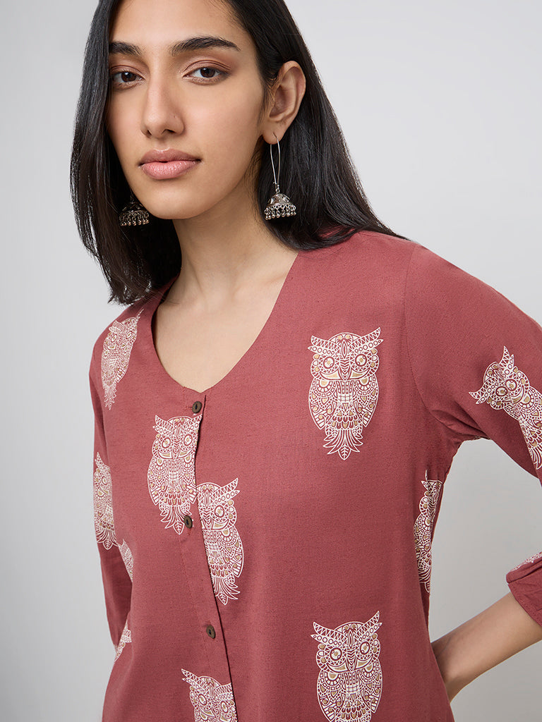 Utsa Dusty Rose Bird Printed Cotton-Blend A-Line Kurta