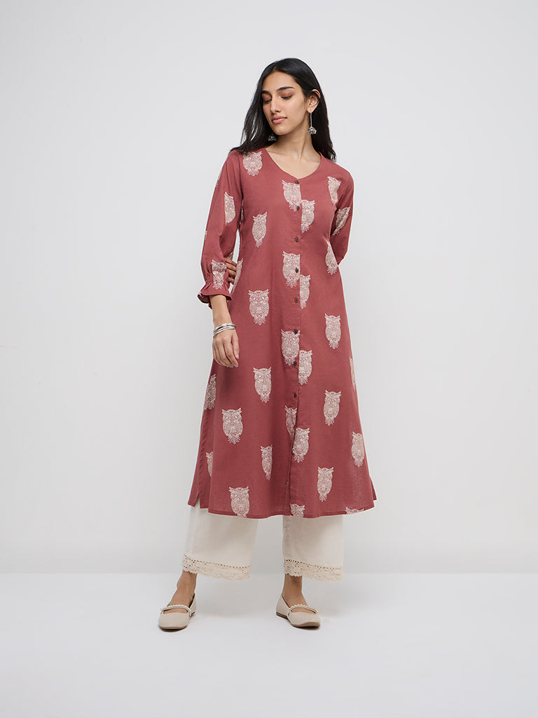 Utsa Dusty Rose Bird Printed Cotton-Blend A-Line Kurta