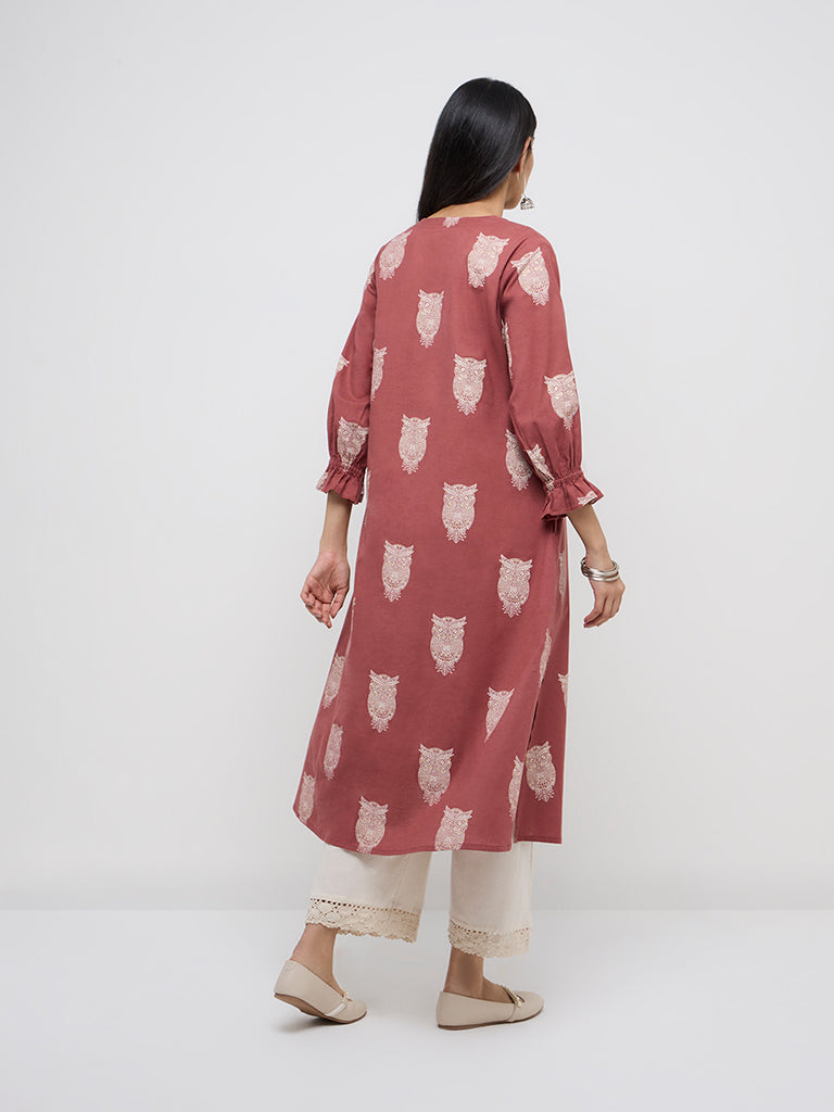 Utsa Dusty Rose Bird Printed Cotton-Blend A-Line Kurta