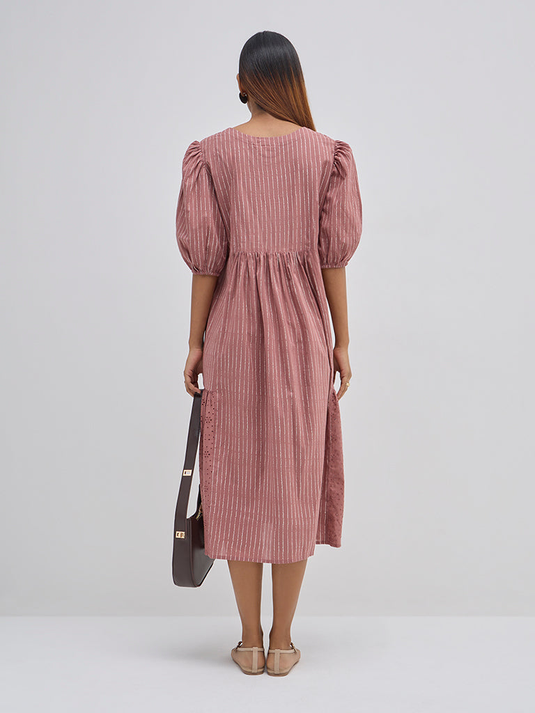 Utsa Dusty Pink Striped Cotton Tiered Dress