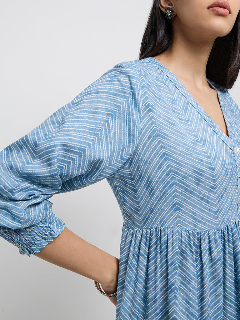 Utsa Blue Chevron Printed Tiered Dress