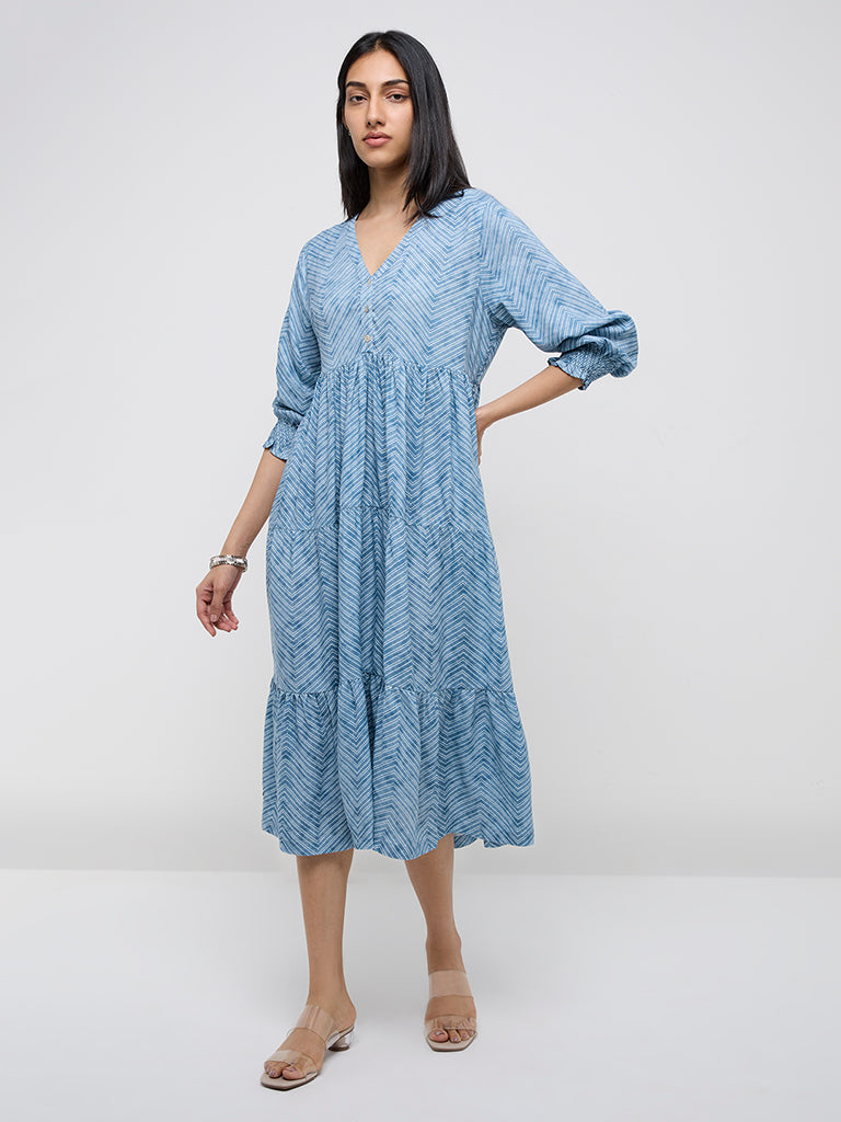 Utsa Blue Chevron Printed Tiered Dress