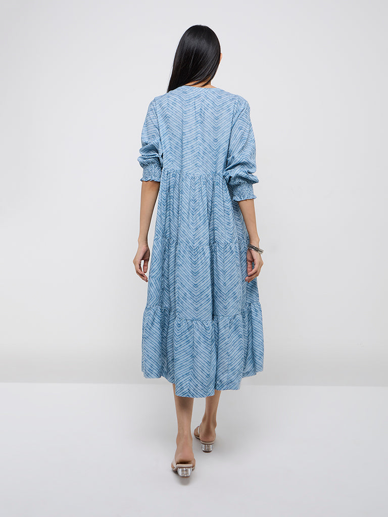 Utsa Blue Chevron Printed Tiered Dress