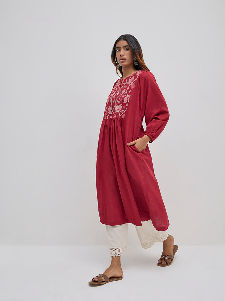 Utsa Maroon Embroidered Cotton A-Line Kurta