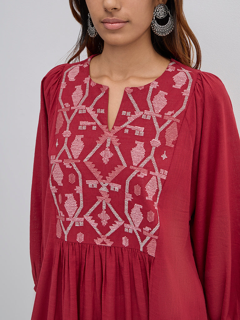 Utsa Maroon Embroidered Cotton A-Line Kurta